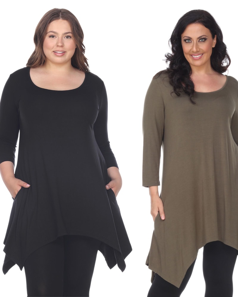Front of a model wearing a size 2X Essential Makayla 2-Pack Tunic Top in Black Olive by White Mark. | dia_product_style_image_id:249940